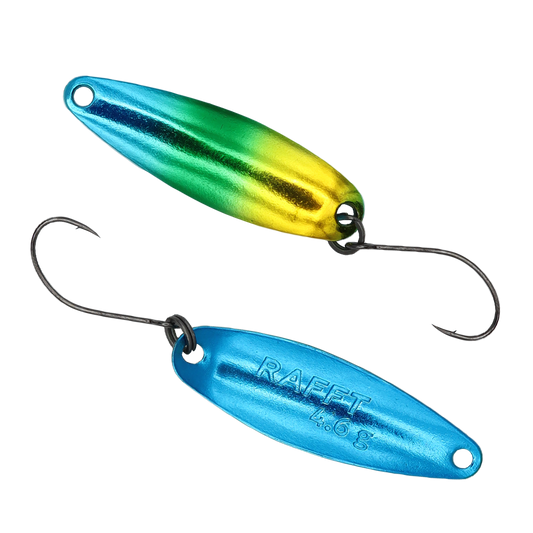 Fangenswert RAFFT 4,6 g Löffel zum Angeln, langlebiges Angelzubehör, zeigt den Spoon mit silberner Oberfläche und ergonomischem Griff.