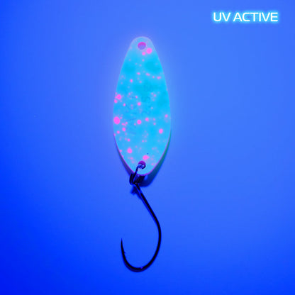 Fangenswert TAKT 2.5 g Glow Löffel, UV-aktiv, silberfarbenes Design, seitliche Ansicht, für Angeln und Fischen