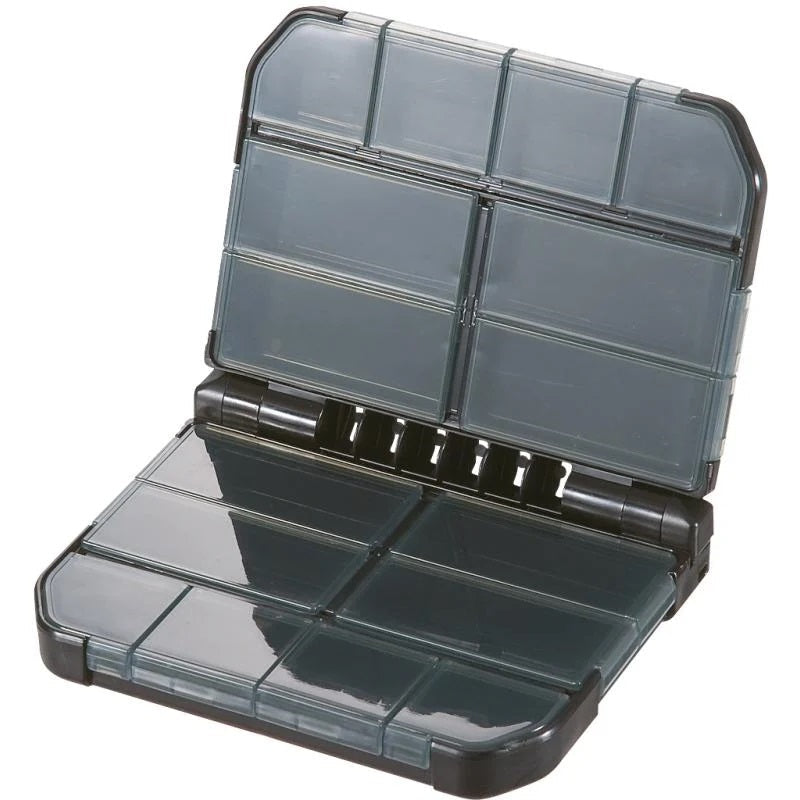 Schwarze Meiho VS-388 SD Tacklebox mit mehreren Fächern für Angelzubehör, stabil und praktisch für Angler.