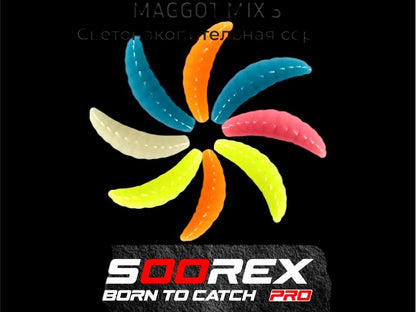 Soorex Pro Maggot 42mm gummiköder in vibrant colors, showcasing its realistic design for fishing enthusiasts.